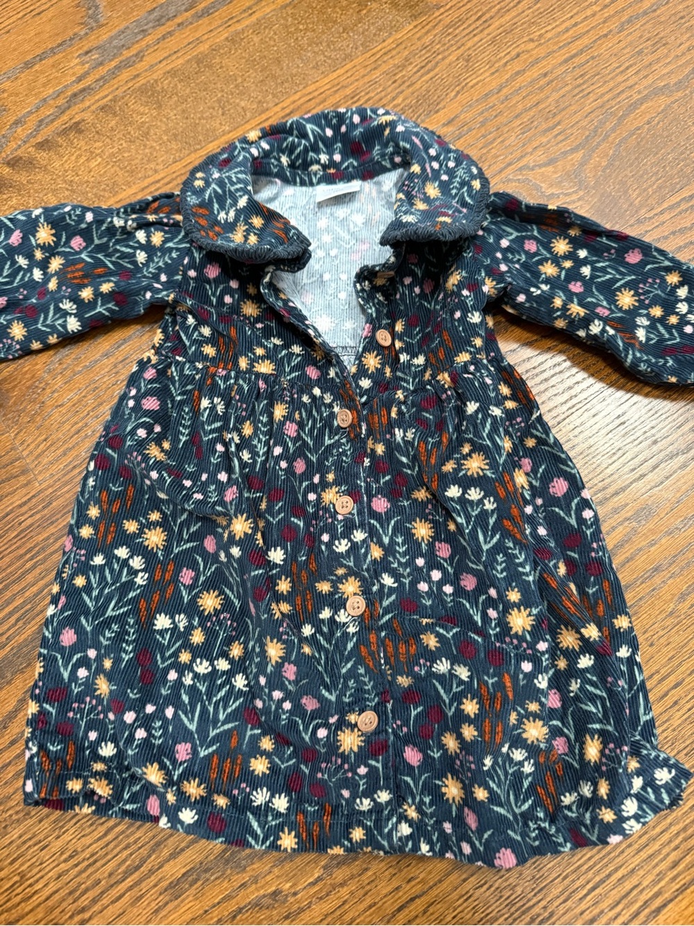 Girls Navy Floral Corduroy Button-Up Dress